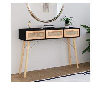 Μαύρο Κονσόλα Τραπέζι 105x30x75 εκ. από Μασίφ Ξύλο Πεύκου και Φυσικό Ρατάν