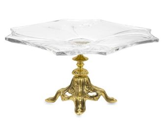 Platou sticla pe picior metalic, auriu antichizat, 17x33 cm