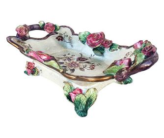 Fructiera cu trandafiri in relief si toarte, Roz, 37 cm, 514H