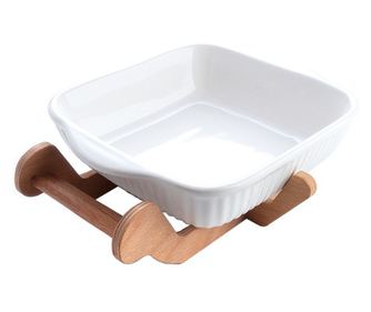 Platou Servire Patrat pe Suport de Lemn, 20cm, Ceramica, Alb