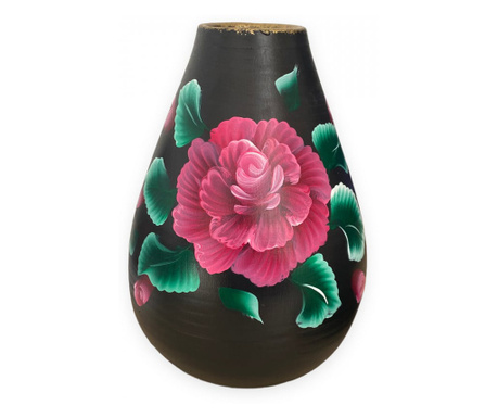 Vaza ceramica neagra pictata manual, trandafir, 21 cm