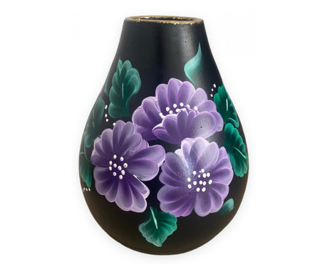Vaza ceramica neagra pictata manual, buchet, 21 cm