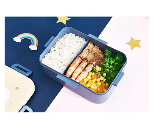 Set caserola compartimentata alimentara, Purpley, cu lingurita, furculita si betisoare pentru copii si adulti, lunch box, 1L, al