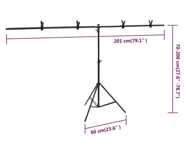 Stalak za pozadinu u obliku slova T crni 201x60x(70-200) cm