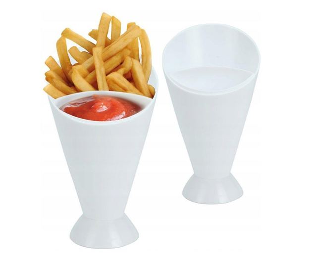 Con pentru servire gustari si suport pentru sosuri, Alb, 16.5 x 10 cm