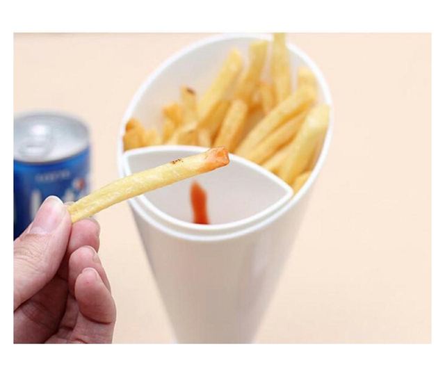 Con pentru servire gustari si suport pentru sosuri, Alb, 16.5 x 10 cm