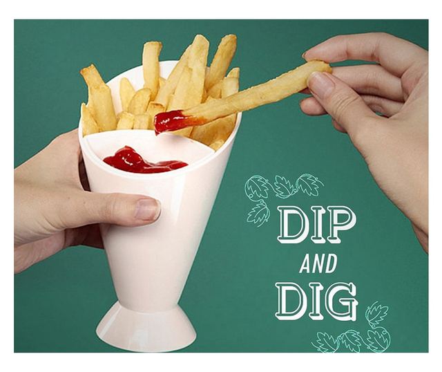 Con pentru servire gustari si suport pentru sosuri, Alb, 16.5 x 10 cm