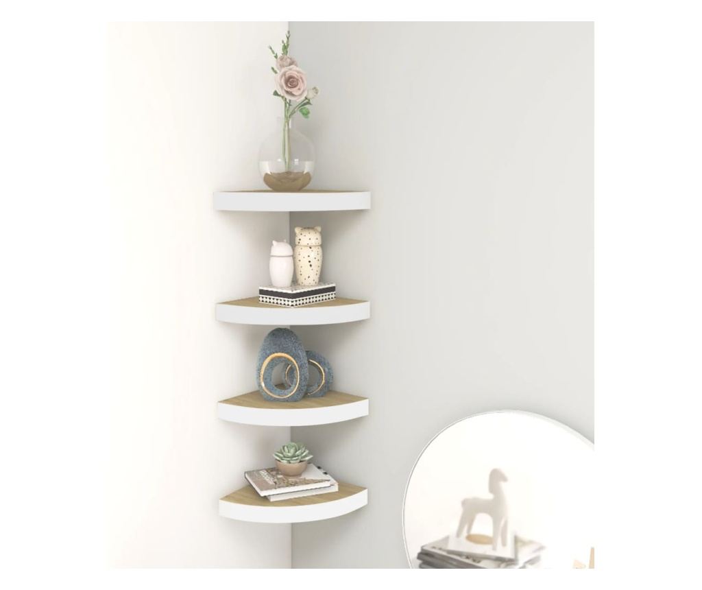 4 db fehér-tölgyszínű MDF fali sarokpolc 25 x 25 x 3,8 cm - 4