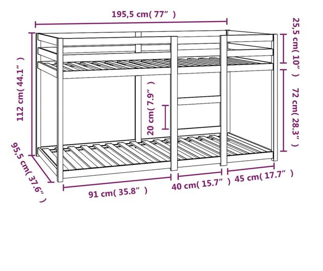 Двуетажно легло, бяло, 90x190 см, борово дърво масив