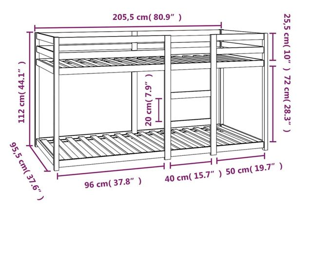 Двуетажно легло, бяло, 90x200 см, борово дърво масив