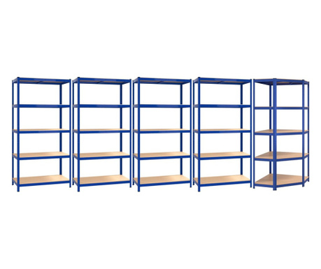 Rafturi de depozitare cu 5 niveluri, 5 buc., albastru oțel/lemn