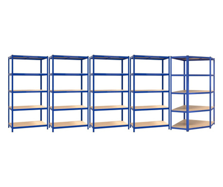 Rafturi de depozitare cu 5 niveluri, 5 buc., albastru oțel/lemn