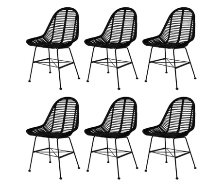 Трапезни столове, 6 бр, черни, естествен ратан