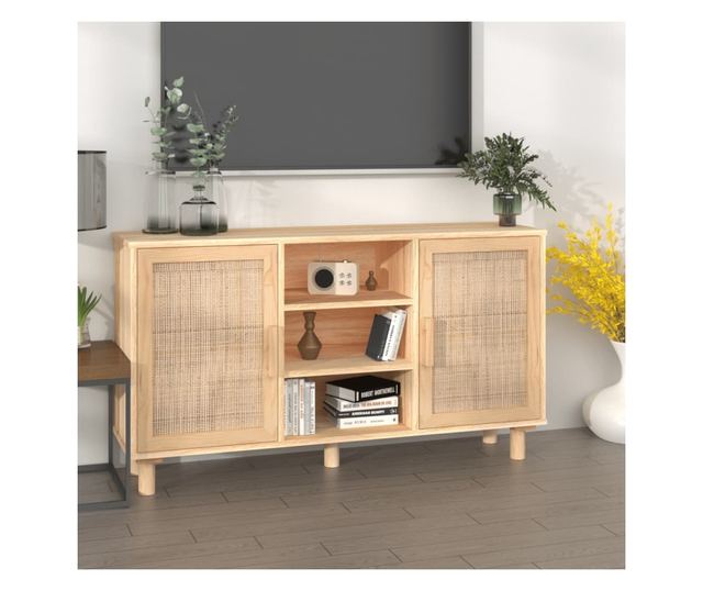 Komoda smeđa 105x30x60 cm masivna borovina i prirodni ratan