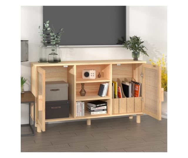 Komoda smeđa 105x30x60 cm masivna borovina i prirodni ratan