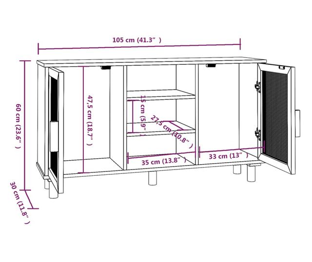 Komoda smeđa 105x30x60 cm masivna borovina i prirodni ratan