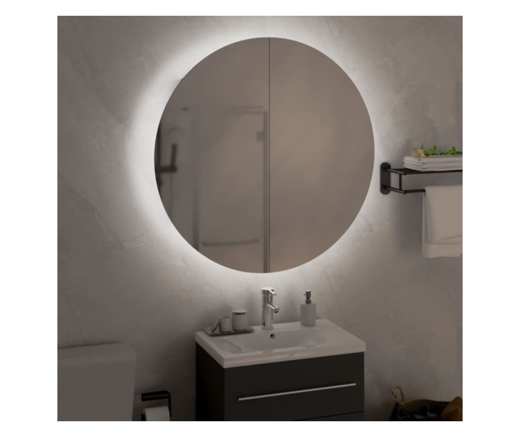 Шкаф за баня с кръгло огледало и LED, бял, 54x54x17,5 см - 3