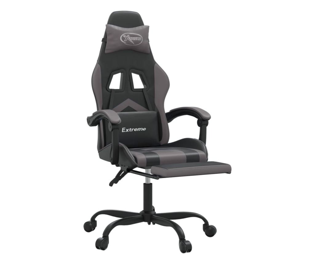 Въртящ се геймърски стол с подложка за крака, черна/сива еко кожа - 6