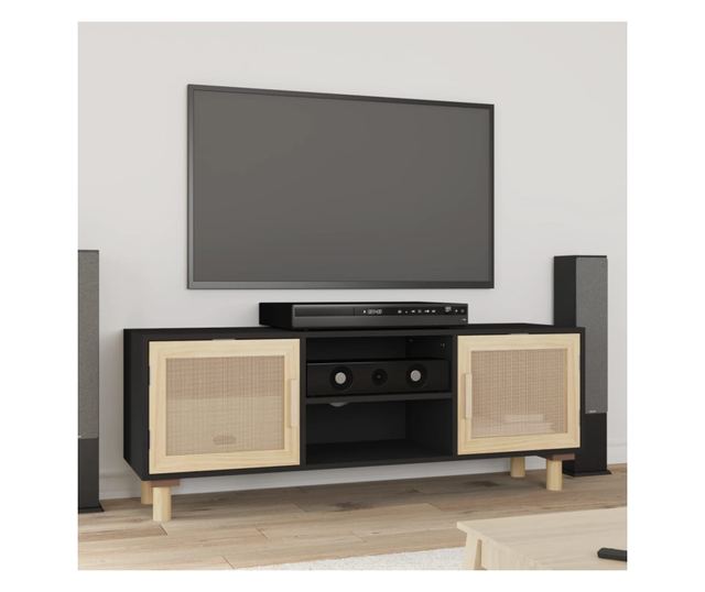 Comodă TV, negru, 105x30x40 cm lemn masiv pin și ratan natural