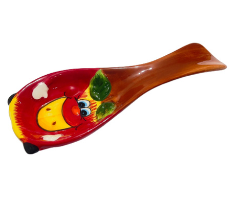 Suport pentru lingura de gatit, Ceramica, Decorativa, Model haios, 24x8x3 cm, Rosu, Maro roscat