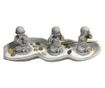 Set decorativ Zen cu suport pentru lumanari si betisoare parfumate cu 3 statuete Buddha, Nu vad, Nu aud, Nu vorbesc, gri