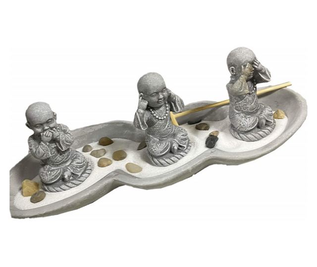 Set decorativ Zen cu suport pentru lumanari si betisoare parfumate cu 3 statuete Buddha, Nu vad, Nu aud, Nu vorbesc, gri