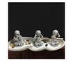 Set decorativ Zen cu suport pentru lumanari si betisoare parfumate cu 3 statuete Buddha, Nu vad, Nu aud, Nu vorbesc, gri