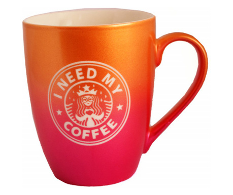 Керамична чаша Pufo Need Coffee, за чай, кафе, сок, 360 мл, оранжево/розово
