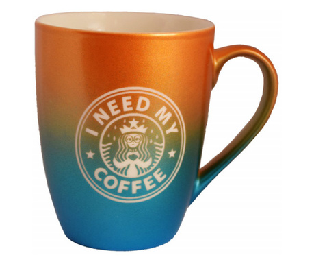 Керамична чаша Pufo Need Coffee, за чай, кафе, сок, 360 мл, оранжево/синьо
