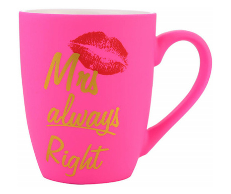 Керамична чаша Matte Pufo Mrs Right, за кафе или чай, 360 мл, розова