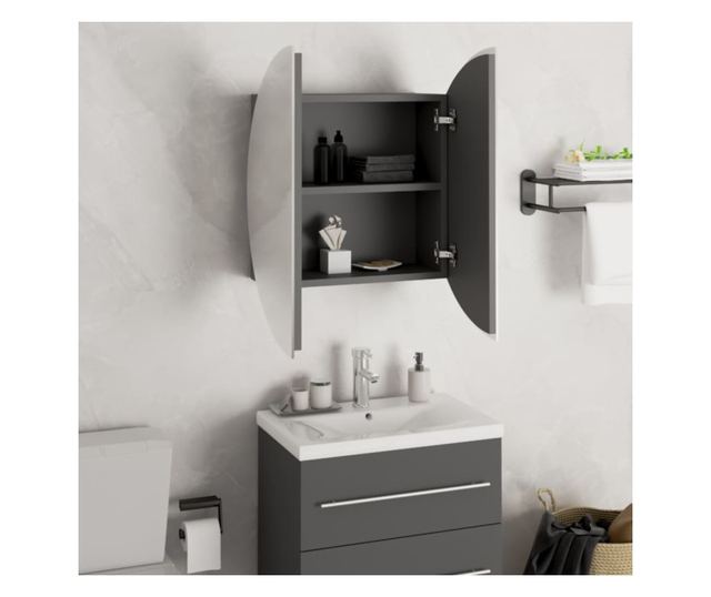 Шкаф за баня с кръгло огледало и LED, сив, 47x47x17,5 см