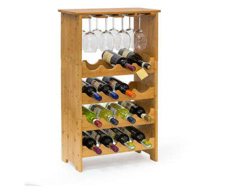 Suport sticle de vin si pentru pahare, RelaxDays, din bambus, suport pentru 16 sticle si 12 pahare, 84 x 50 x 24 cm