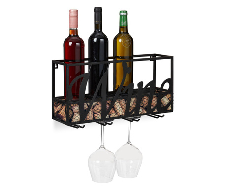 Suport sticle de vin Relaxdays, suspendat, pentru 4 sticle, cu suport pentru pahare, negru, 23.5 x 46.5 x 12 cm