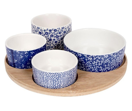 Excellent Houseware tálalókészlet, bambusz/porcelán, 22x1 cm, fehér/kék