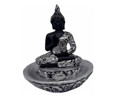 Декоративна фигурка на Буда с поставка за ароматни пръчици, 11 см, сребристо/черно