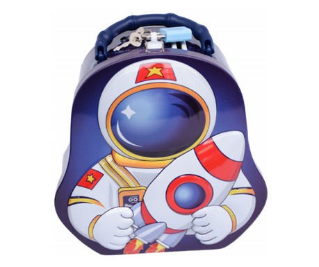 Метална касичка Pufo the Astronaut in Cosmos с брава и ключ, 17 см, синя