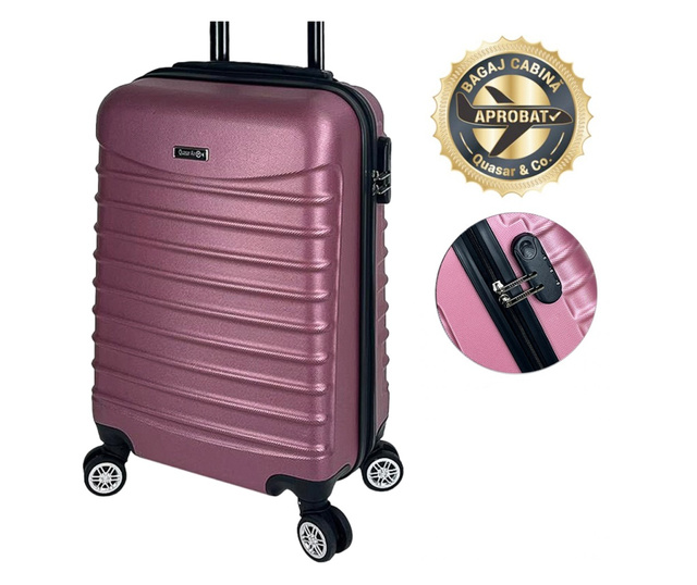 Куфар за ръчен багаж Quasar, с 4 колела и шифър, ABS, 55х36х20 cм, 33 Л, Розов