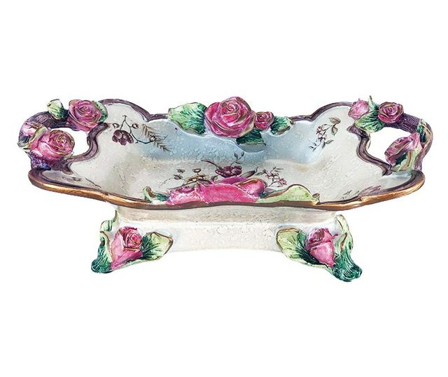 Fructiera cu trandafiri in relief si toarte, Roz, 37 cm, 514H
