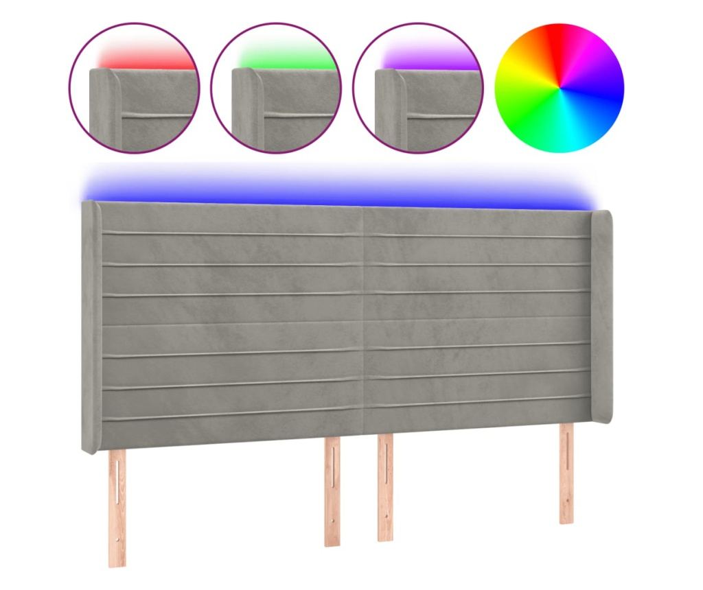 LED Табла за легло, Светло сиво, 163x16x118/128 см, Кадифе - 2