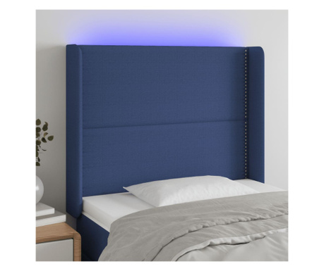 Tăblie de pat cu LED, albastru, 103x16x118/128 cm, textil