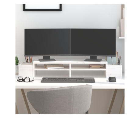 Suport pentru monitor, alb, 100x27,5x15 cm, lemn masiv pin