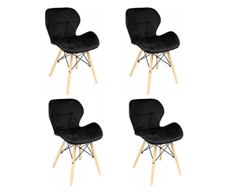 Skandináv stílusú székek, velúr, fa, fekete és natúr, szett 4, 46x50x73 cm