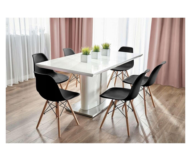 Skandináv stílusú székek, műanyag, fém, fa, fekete és natúr, 4-es készlet, 46x52x81 cm, Eva, Jumi