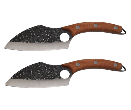Комплект от два месарски ножа IdeallStore®, ръчна изработка, 27 см, неръждаема стомана, дървена дръжка, кожен калъф