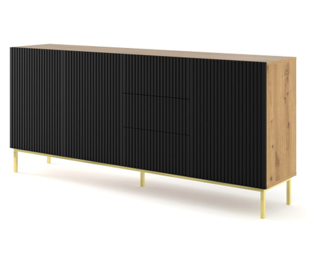 Komód, AKL FURNITURE, Ravenna B, 200x42x89cm, bézs, fekete, aranysárga, melamin, MDF, acél