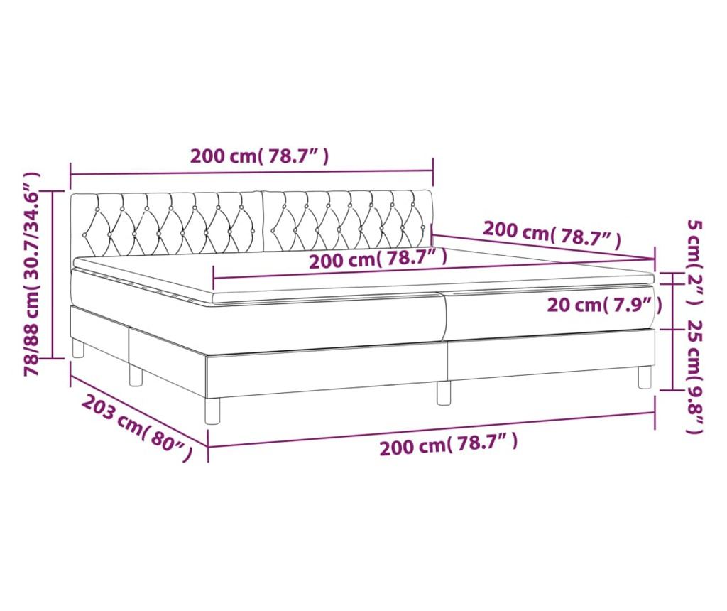 Легло с пружини, матрак и LED, тъмнокафяво, 200x200 см, текстил - 8