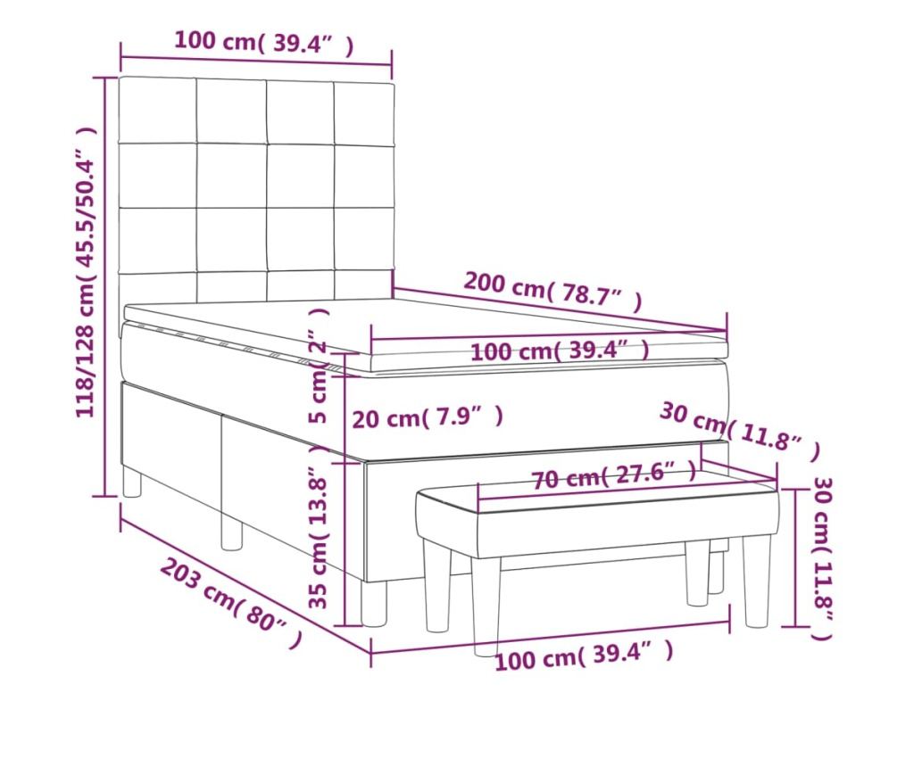 Боксспринг легло с матрак, таупе сиво, 100x200 см, текстил - 8