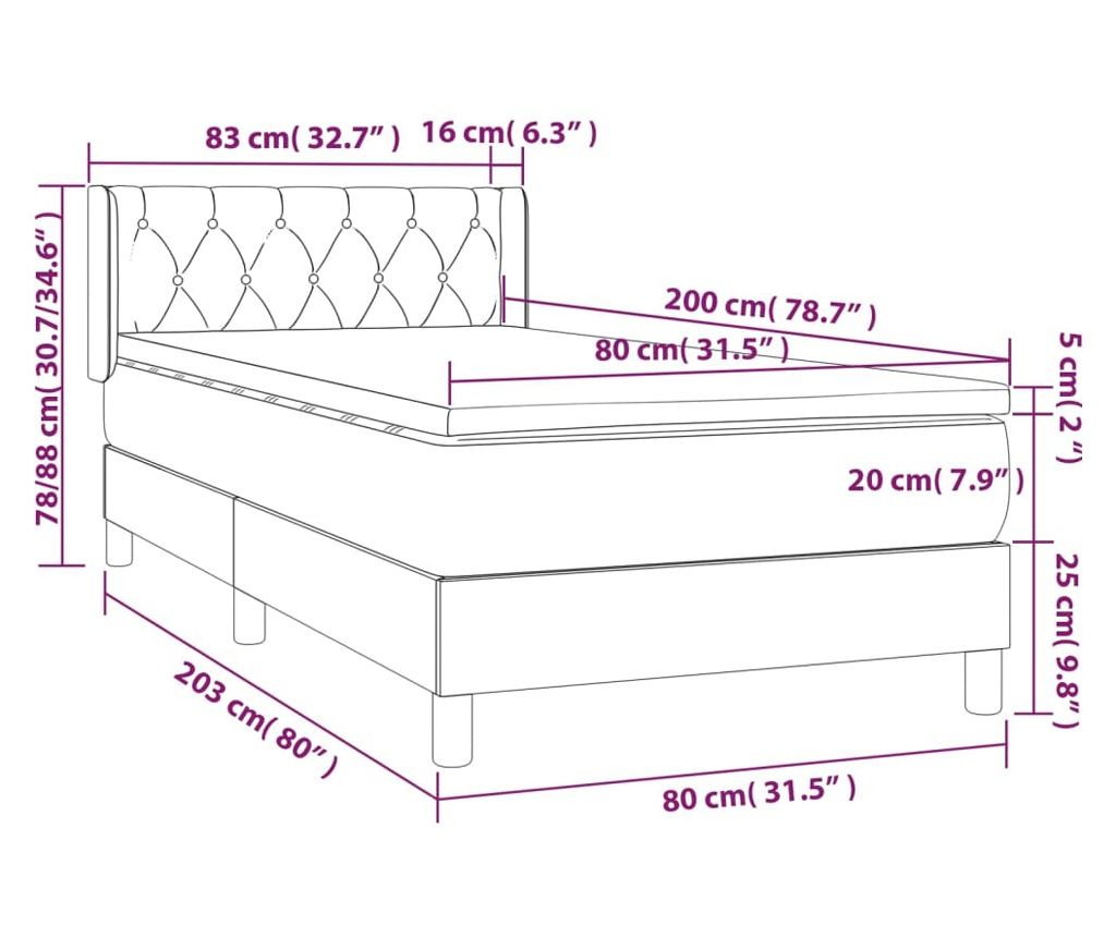 Boxspring postelja z vzmetnico, črna, 80x200 cm, tekstil - 7