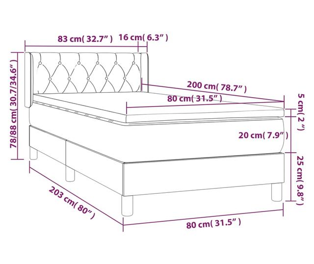 Боксспринг легло с матрак, черно, 80x200 см, текстил