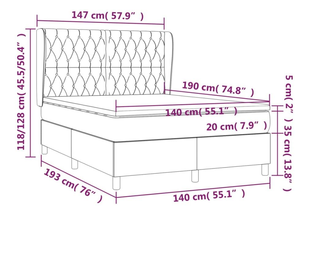 Boxspring krevet s madracem, crni, 140x190 cm, baršun - 7